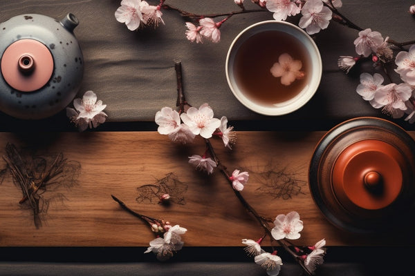 A top view of some teaware use for the preparation and drinking of Hojicha, with sakura petals scattered.
