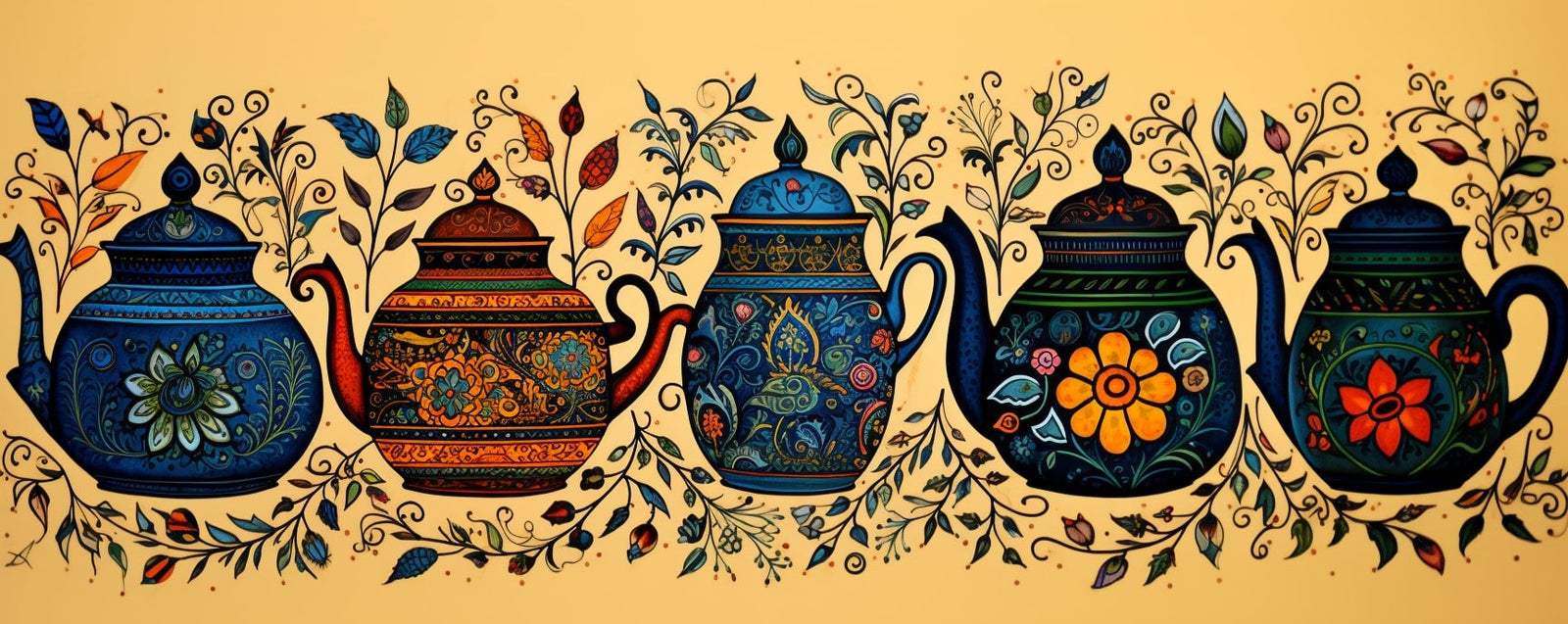 A collection of teapots and tea leaves in the style of Indian Madhubani paintings