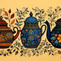 A collection of teapots and tea leaves in the style of Indian Madhubani paintings
