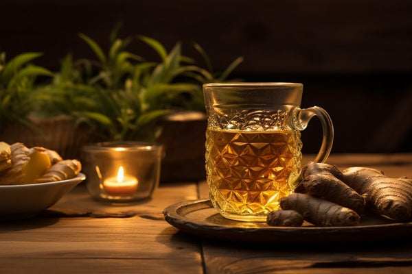 A glass mug of ginger tea sitting on a wooden table in an dimly lit room, with fresh ginger and candlelight