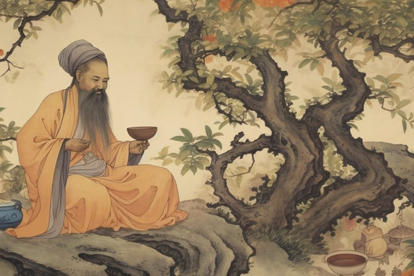 Emperor Shennong boiling water under a Camellia sinensis tree.