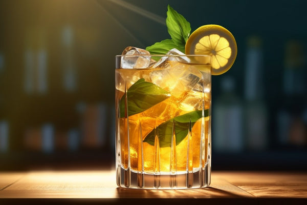 White Peony Tea Punch garnished with lemon and mint leaves atop a dimly lit bar