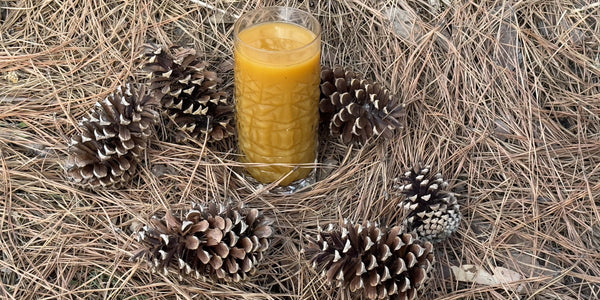 A reflux relief elixer made with carrot, celery and aloe vera juice, with Sip Steeple Reflux Relief tea added, sitting on a bed of pine needles with pine cones.