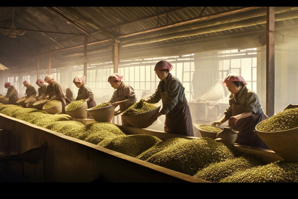 The tea production process including a facility with workers meticulously attending to heaps of drying leaves
