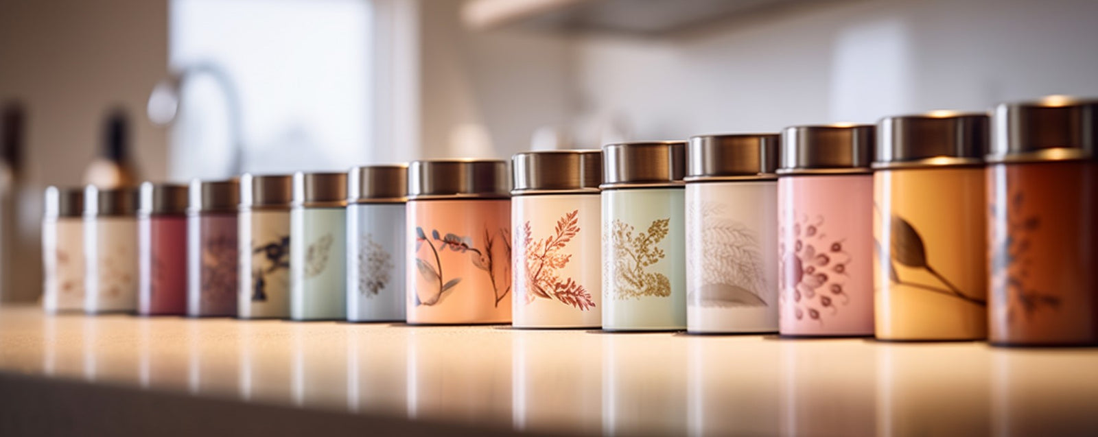A row of sealed, air tight tea containers, sitting on a brightly lit countertop in a modern kitchen.