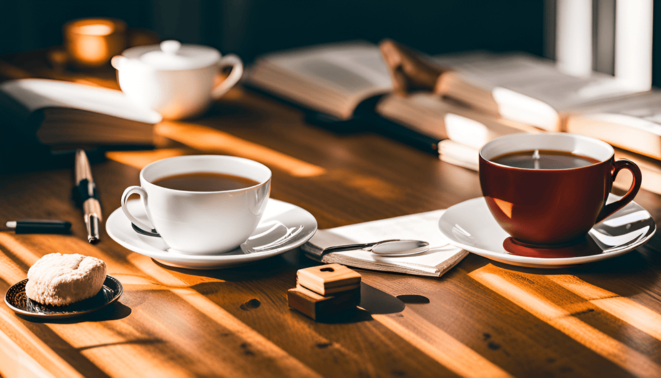 Cups of tea on a wooden table, with a scone, books and a fountain pen.