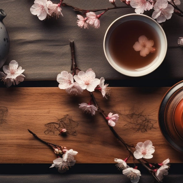 A top view of a table with a ceramic Japanese houroku, some freshly roasted hojicha tea leaves, and some tea drinking accessories such as a chawan and a sakura teacup