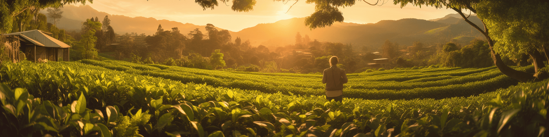  Panoramic view of a tea garden at sunrise