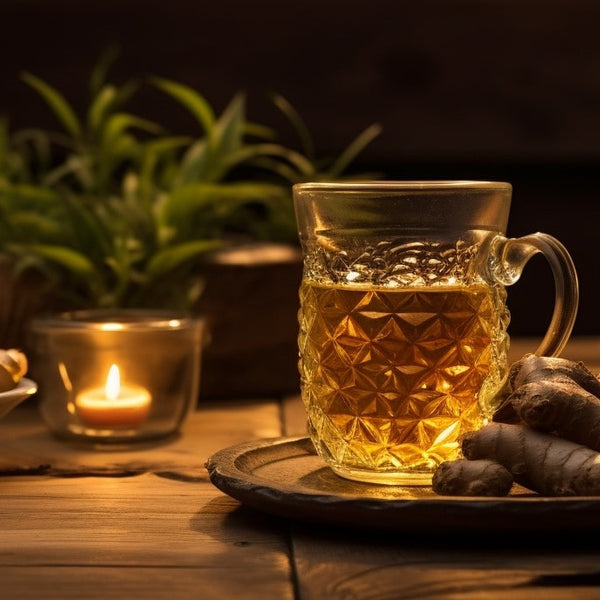 A ginger tea on a wooden table, dimly lit by candlelight with ginger roots