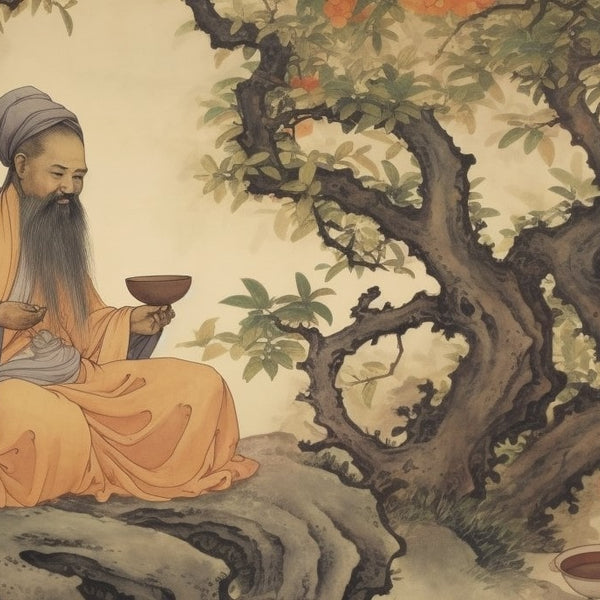 Emperor Shennong boiling water under a Camellia sinensis tree