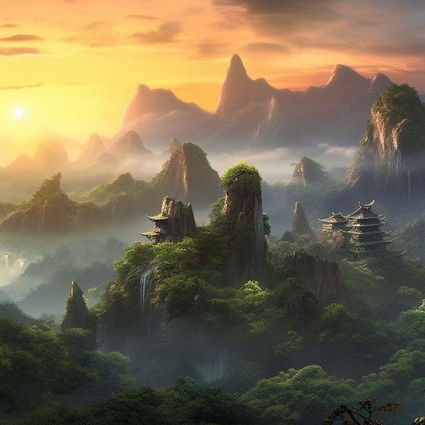The Wiyu Mountains surrounded by mist at sunrise