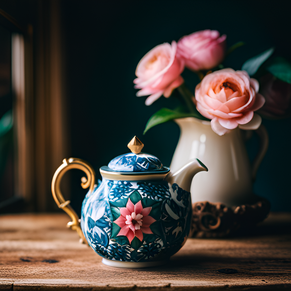 An ornate teapot with a picture of a flower and golden handle, with a vase of peony's in the background