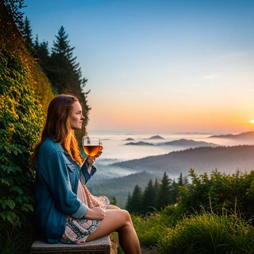 A woman enjoying a hot cup of tea in a glass mug, sitting on a wooden bench in nature overlooking mist covered mountains