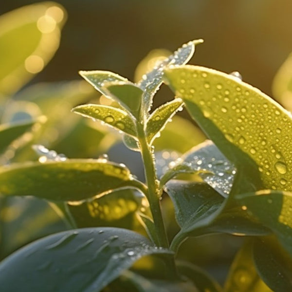 Tea terroir - tea leaves covered in dew on a sunny morning