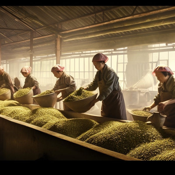 Tea production process with workers in a factory sorting tea leaves under wispy streams of sunlight