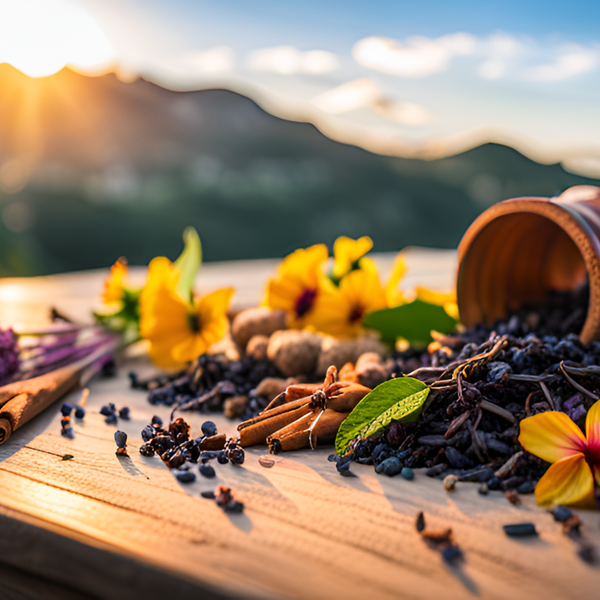 Various ingredients that are used in teas and tisanes, set atop a wooden table with a sunrise in the background