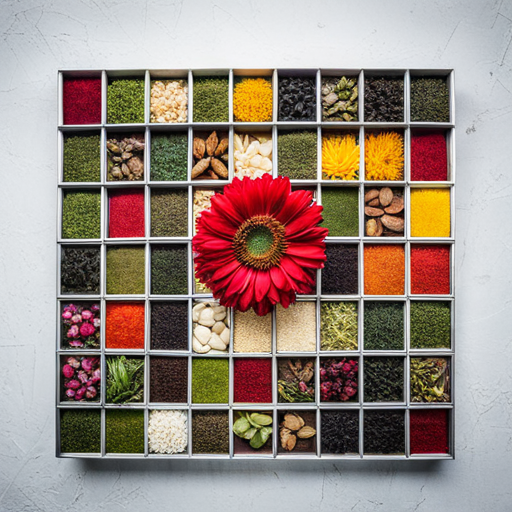 A top view of various ingredients used in teas and tisanes, with a red flower in the middle.