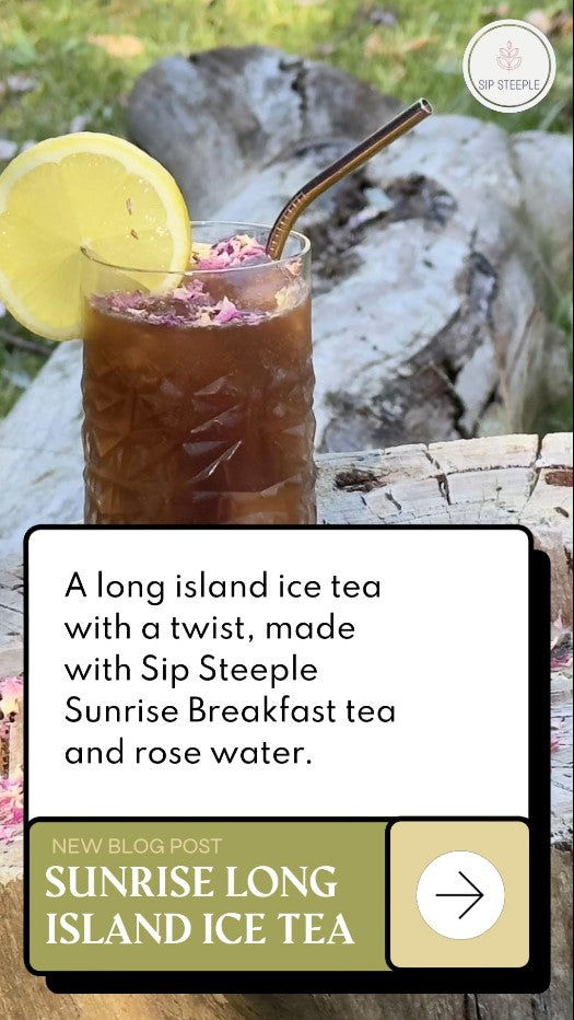 Sip Steeple Sunrise Long Island Ice Tea on a tree stump with rose petals and a slice of lemon